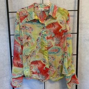CB Design Bright Paisley Floral Sheer Sparkly Blouse Size 14